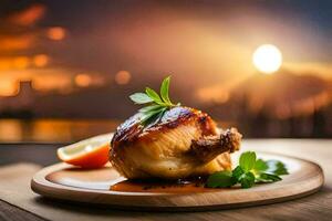 une poulet jambe sur une assiette avec une le coucher du soleil dans le Contexte. généré par ai photo