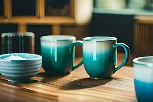 Trois bleu café des tasses sur une en bois tableau. généré par ai photo