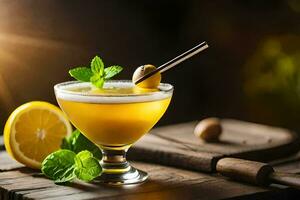 cocktail avec citron et menthe sur une en bois tableau. généré par ai photo