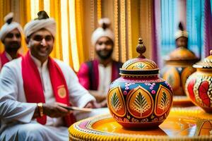 une homme dans une turban est en jouant une tambouriner. généré par ai photo