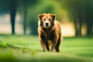 une Lion en marchant dans le herbe. généré par ai photo