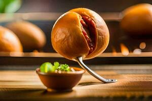 une petit bol avec une boulette de viande sur Haut. généré par ai photo