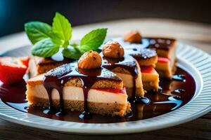 une pièce de cheesecake avec Chocolat sauce et des fraises. généré par ai photo