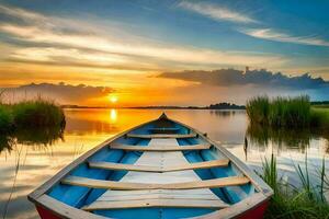 une bateau est assis sur le l'eau à le coucher du soleil. généré par ai photo