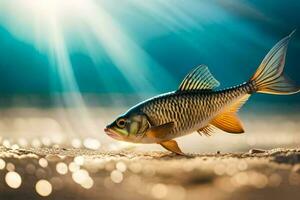 une poisson est en marchant sur le sable. généré par ai photo