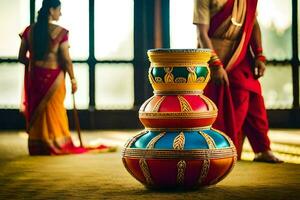 une couple dans traditionnel Indien tenue permanent suivant à une grand pot. généré par ai photo