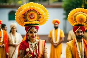 une la mariée et jeune marié dans traditionnel Indien tenue. généré par ai photo