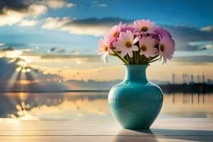 une vase avec rose fleurs sur une table dans de face de une lac. généré par ai photo