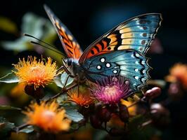 macro insecte la photographie capturer le délicat beauté de une coloré papillon perché sur une épanouissement fleur génératif ai photo