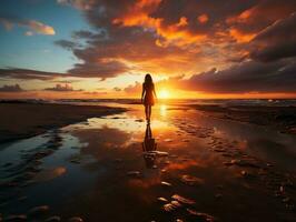 une vibrant le coucher du soleil plus de une tranquille plage, où une seul figure des promenades le long de le littoral génératif ai photo