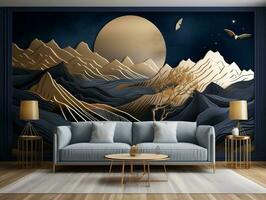 3d moderne intérieur Accueil mur décoration. d'or et foncé bleu montagnes, avec une d'or arbre avec lune foncé paysage Contexte génératif ai photo