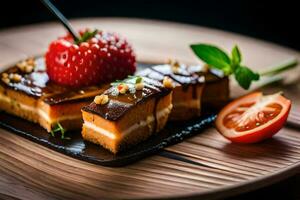 une assiette avec une fraise et une tranche de gâteau. généré par ai photo