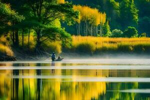 une homme est pêche sur une Lac dans le Matin. généré par ai photo