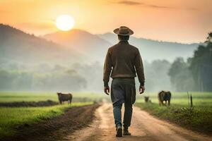 une homme en marchant vers le bas une saleté route avec vaches dans le Contexte. généré par ai photo