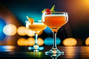 deux des lunettes de des cocktails avec fruit et garnitures. généré par ai photo