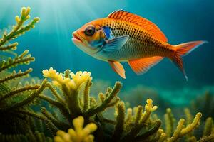 une poisson nager dans le océan avec corail. généré par ai photo