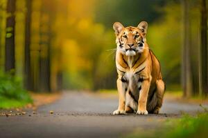 une tigre séance sur le route dans le milieu de une forêt. généré par ai photo