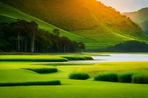 une magnifique paysage avec vert herbe et l'eau. généré par ai photo