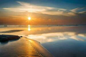 le Soleil monte plus de le océan et le ciel est réfléchi dans le l'eau. généré par ai photo