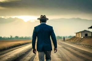 une homme dans une costume et chapeau en marchant vers le bas une saleté route. généré par ai photo