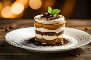 une dessert avec café et Chocolat sur une plaque. généré par ai photo