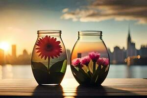 deux des vases avec fleurs séance sur une table avec une ville dans le Contexte. généré par ai photo