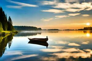 une bateau est flottant sur une calme Lac à le coucher du soleil. généré par ai photo