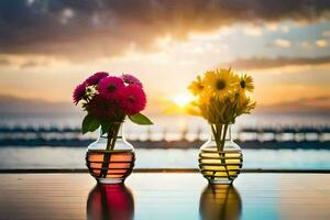 deux des vases avec fleurs séance sur une table dans de face de le océan. généré par ai photo