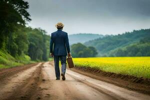 une homme dans une costume et chapeau des promenades vers le bas une saleté route avec une valise. généré par ai photo