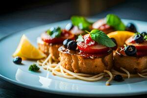 une assiette avec Pâtes, tomates et myrtilles. généré par ai photo