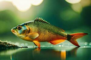 une poisson est permanent sur le l'eau avec une vert Contexte. généré par ai photo