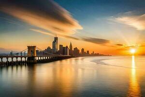 le Soleil ensembles plus de le ville horizon dans Nouveau York. généré par ai photo