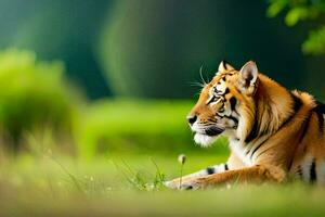 une tigre séance dans le herbe à la recherche de à le côté. généré par ai photo