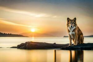 photo fond d'écran le mer, chien, coucher de soleil, le mer, le mer, le mer, le. généré par ai