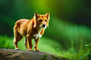 une chien permanent sur une Roche dans le forêt. généré par ai photo