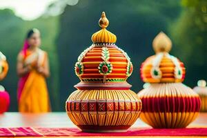 une femme dans traditionnel Indien robe est permanent suivant à une coloré vase. généré par ai photo