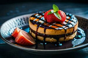 une dessert avec des fraises et Chocolat sur une plaque. généré par ai photo