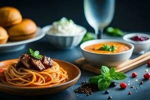 spaghetti avec Boulettes de viande et sauce sur une plaque. généré par ai photo