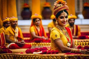 une femme dans traditionnel Indien tenue est assis dans de face de une groupe de personnes. généré par ai photo