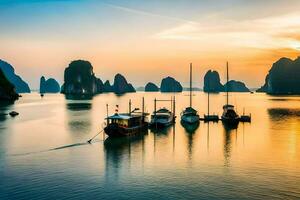 bateaux amarré dans le l'eau à le coucher du soleil. généré par ai photo