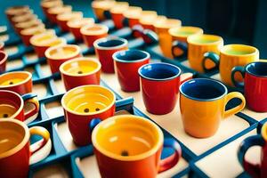 coloré café tasses sur une tableau. généré par ai photo