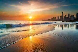 le Soleil monte plus de le ville horizon dans Dubai. généré par ai photo