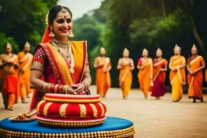 une femme dans Indien tenue est souriant tandis que en portant une grand gâteau. généré par ai photo