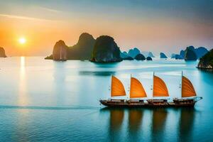 une bateau avec Trois voiles dans le l'eau à le coucher du soleil. généré par ai photo