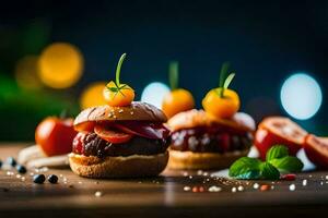 hamburgers avec tomates et fromage sur une en bois tableau. généré par ai photo