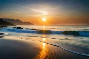 le Soleil monte plus de le océan et vagues sur le plage. généré par ai photo