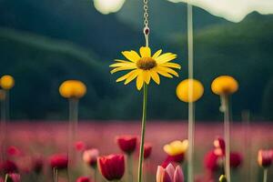 une Jaune fleur est permanent dans une champ de rouge fleurs. généré par ai photo