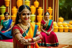 une femme dans traditionnel Indien tenue pose pour une photo. généré par ai photo