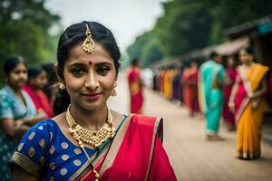 une femme dans une sari avec bijoux et une or collier. généré par ai photo