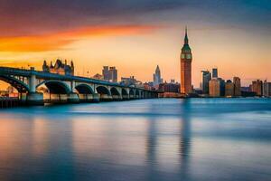 le ville horizon à le coucher du soleil avec une pont et une l'horloge la tour. généré par ai photo